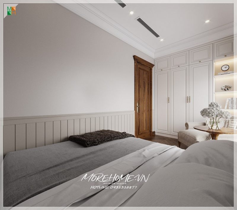 Không gian phòng ngủ với nội thất đơn giản nhưng hiện đại tông màu nhã nhặn trung tính đem tới tổng thể hài hòa.