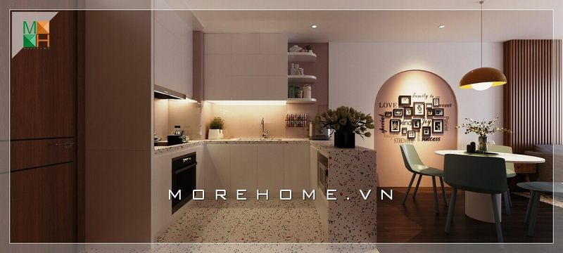 Kiểu dáng thiết kế nội thất bếp hiện đại cùng với sự hài hòa của màu sắc đã tạo nên một không gian ấn tượng. Phòng ăn cũng được trang trí với những tủ bếp hiện đại, bàn ghế và tranh canvas treo tường để tạo nên sự sáng tạo và hấp dẫn.